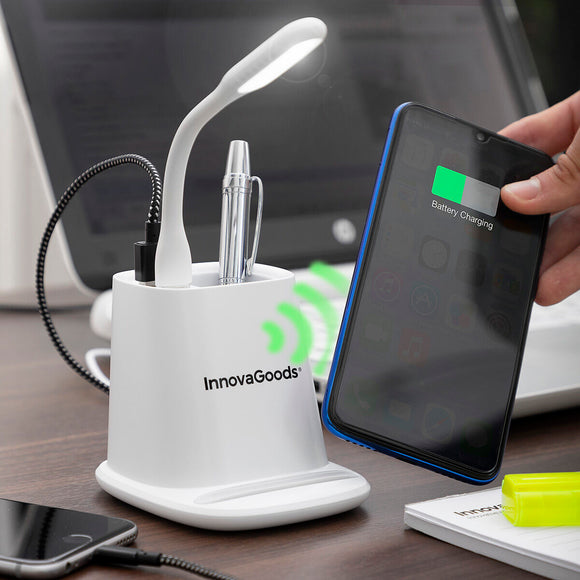 Chargeur Sans Fil avec Support- Organisateur et Lampe LED USB 5 en 1 DesKing InnovaGoods RIV001 Blanc 5 W (Reconditionné A+)